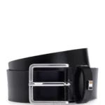 Italian-made leather belt with signature-stripe trim