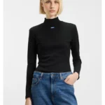 High-neck stretch-cotton top with logo badge