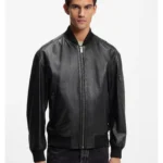 Leather bomber jacket with sleeve pocket