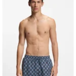 Quick-dry swim shorts with stacked-logo check print