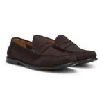 Suede moccasins with penny trim and embossed logo
