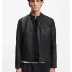 Leather jacket with piped details