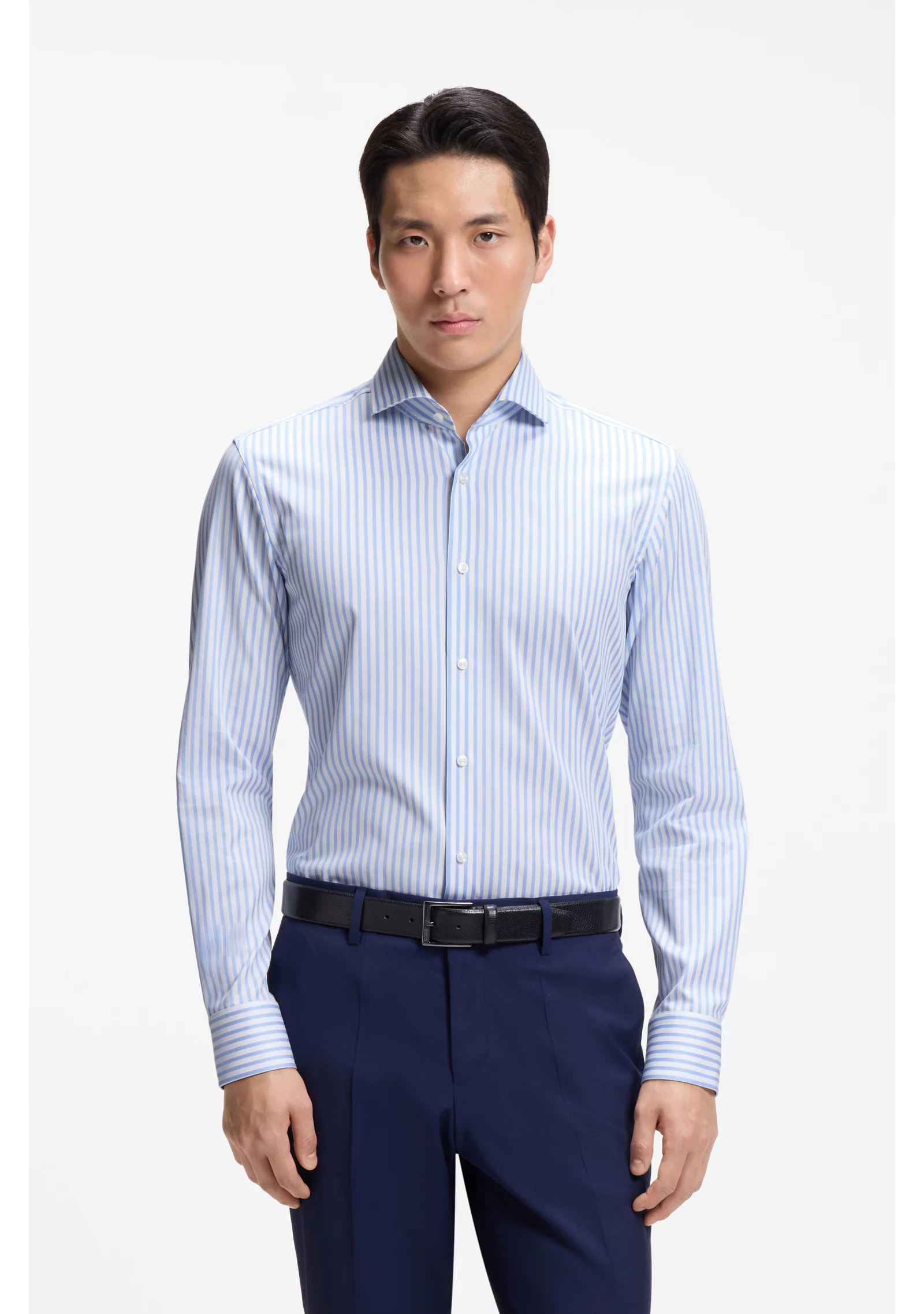 hbeu50567021_452_350 Slim-fit shirt in easy-iron striped stretch cotton - Image 1