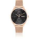 THREEHAND Black-dial watch with carnation-gold-tone mesh bracelet
