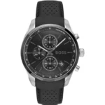 Black-dial chronograph watch with leather strap