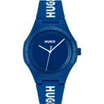 Blue watch with silicone logo strap