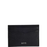 Grained-leather card holder with metal logo