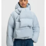Water-repellent padded jacket with detachable sleeves and scarf