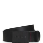 Italian-leather belt with logo plaque buckle