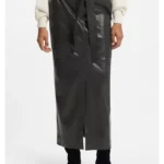 Long-length faux-leather pencil skirt with tie belt