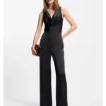 Satin jumpsuit with waterfall neckline