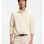 Relaxed-fit sweater in structured cashmere with polo collar