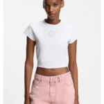 Cropped stretch-cotton T-shirt with rhinestone Happy HUGO logo