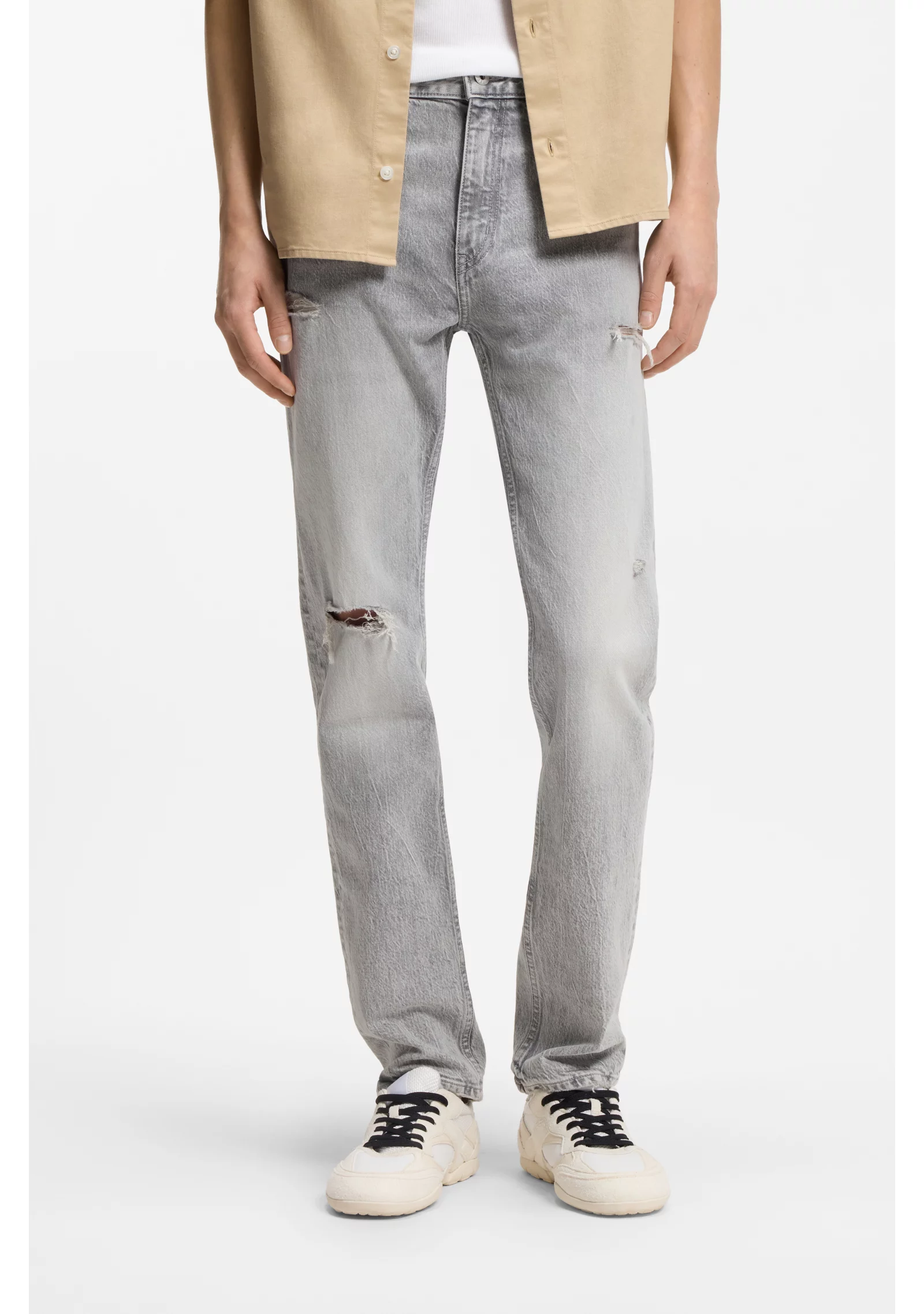 hbeu50555948_040_350 Slim-fit jeans in distressed grey denim - Image 1