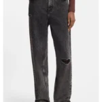 Relaxed-fit jeans in distressed black rigid denim
