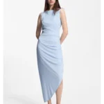 Crepe dress with gathered asymmetric hemline
