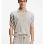 Johnny-collar knit polo with graphic pattern