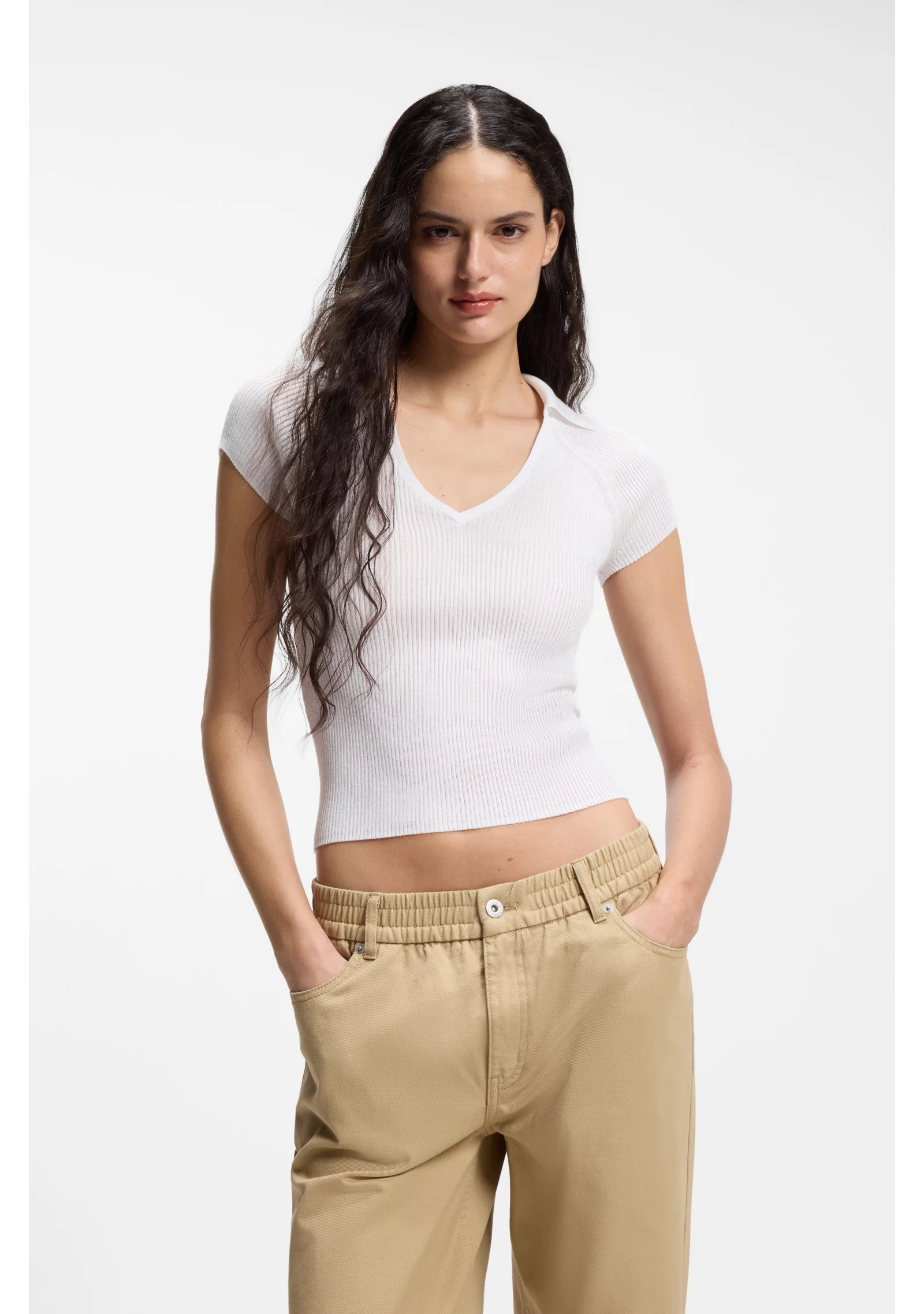 hbeu50559545_100_350 Short-sleeved sweater in stretch fabric with polo collar - Image 1