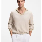 Rib-knit cotton-blend sweater with Johnny collar