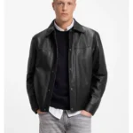 Regular-fit leather shirt with metal logo buttons