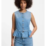 Regular-fit sleeveless blouse in denim with peplum hem