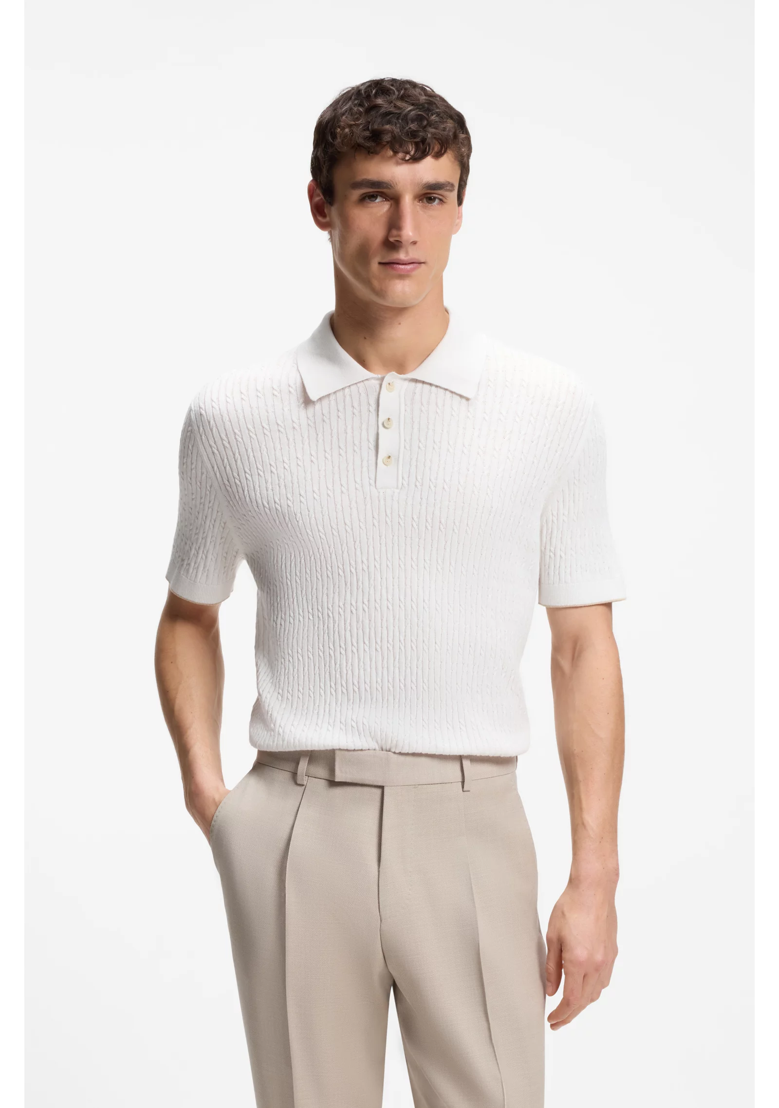 hbeu50565515_118_350 Cable-knit polo sweater in cotton and cashmere - Image 1