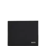 Structured trifold wallet with polished logo lettering