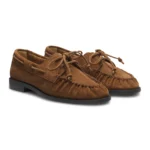 Suede moccasins with hand-stitched apron toe