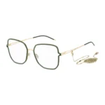 Green optical frames with forked temples and branded chain