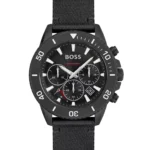 Black-dial chronograph watch with fabric strap