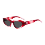 Red sunglasses with stacked-logo temples