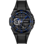 Black-plated watch with leather strap
