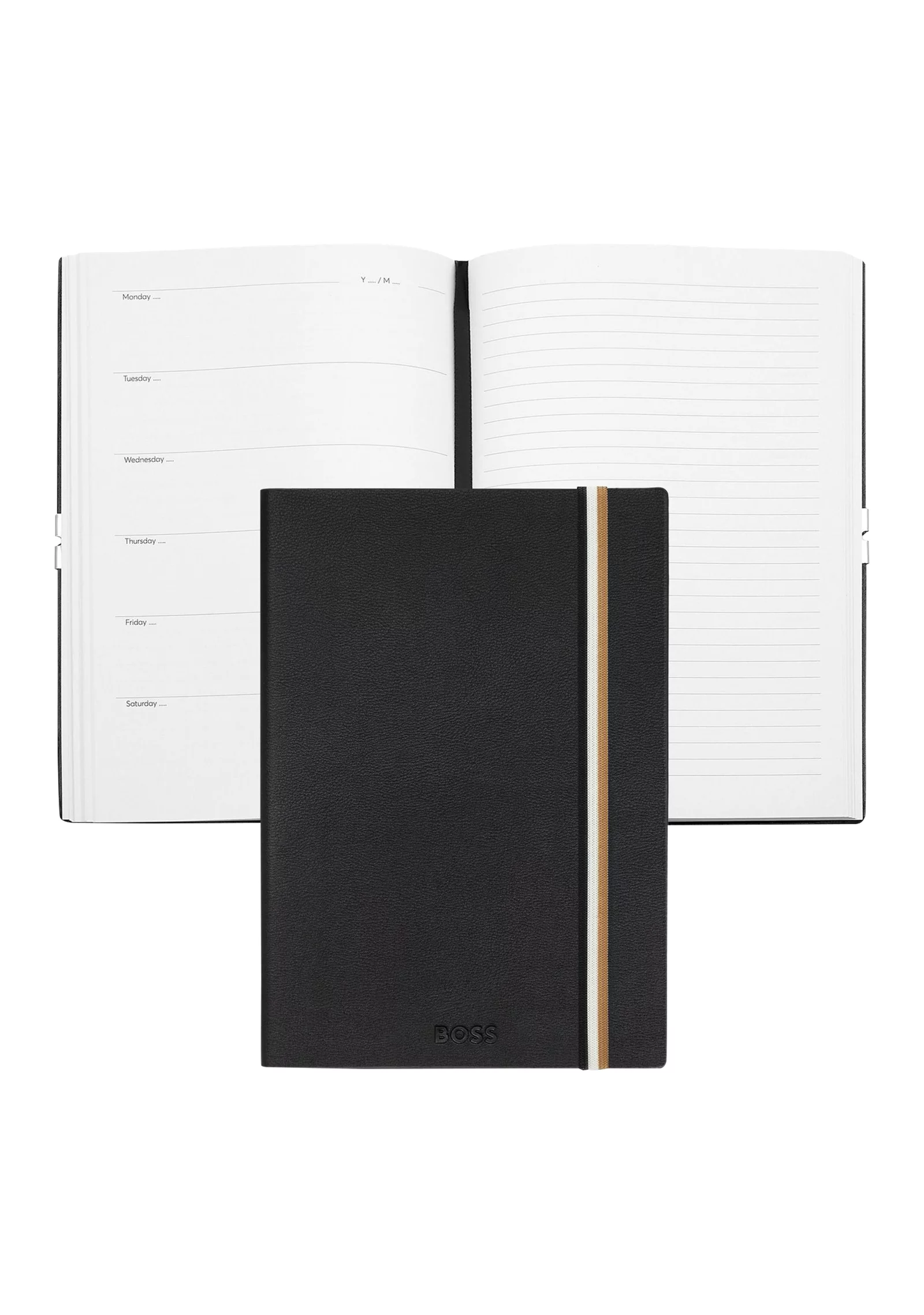 hbeu58218949_001_200 A5 black faux-leather notebook with signature-stripe strap - Image 1