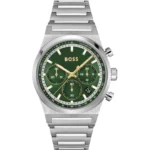 Green-dial chronograph watch in silver-tone steel