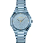 Blue-steel watch with logo-textured dial