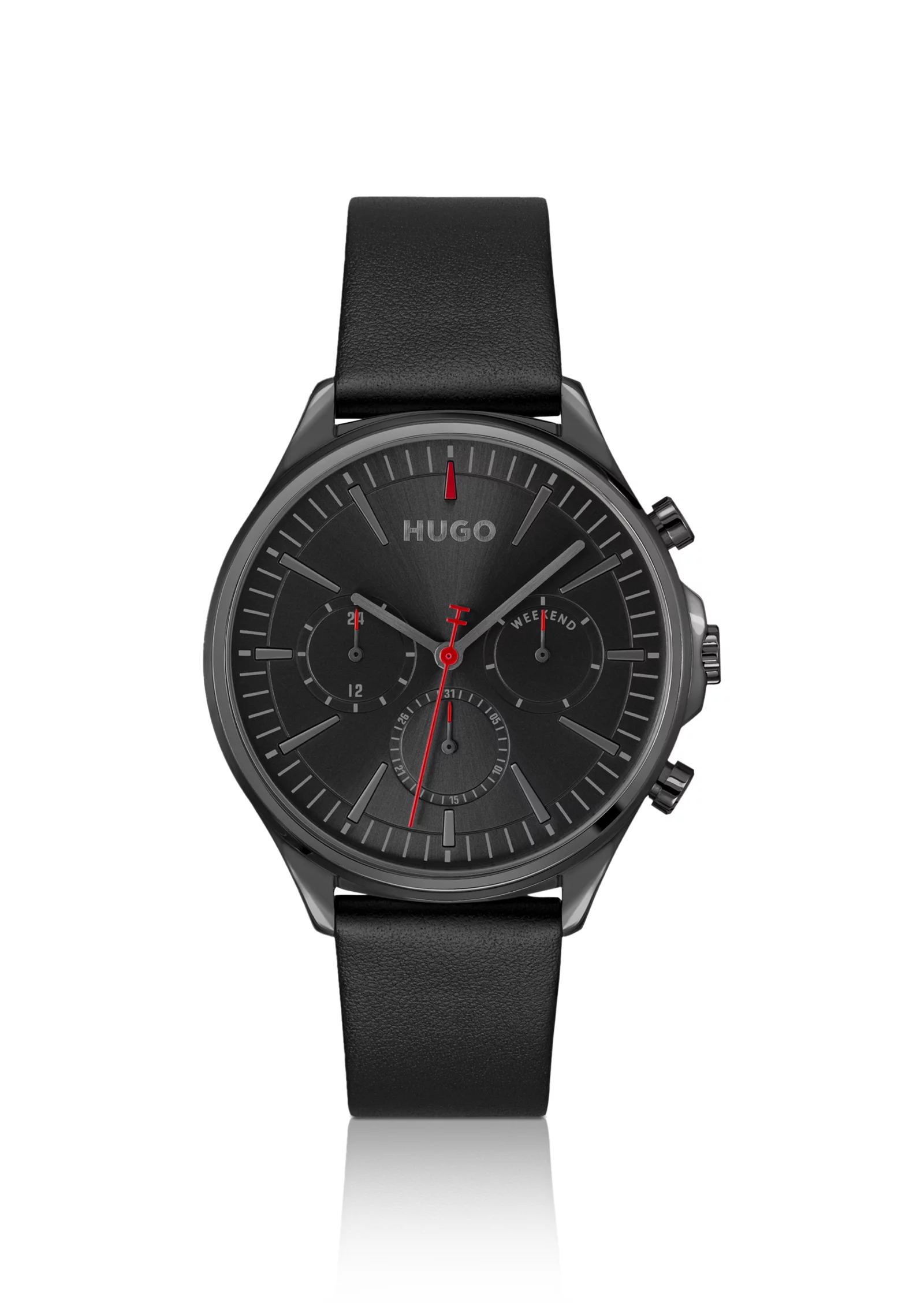 hbeu58244985_999_200 Grey-plated watch with black leather strap - Image 1