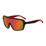 Mask-style sunglasses with red shaded lenses