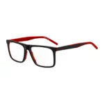 Black-acetate optical frames with red accents