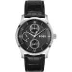 PRINCIPLE MASTER Black-textured-dial watch with leather strap