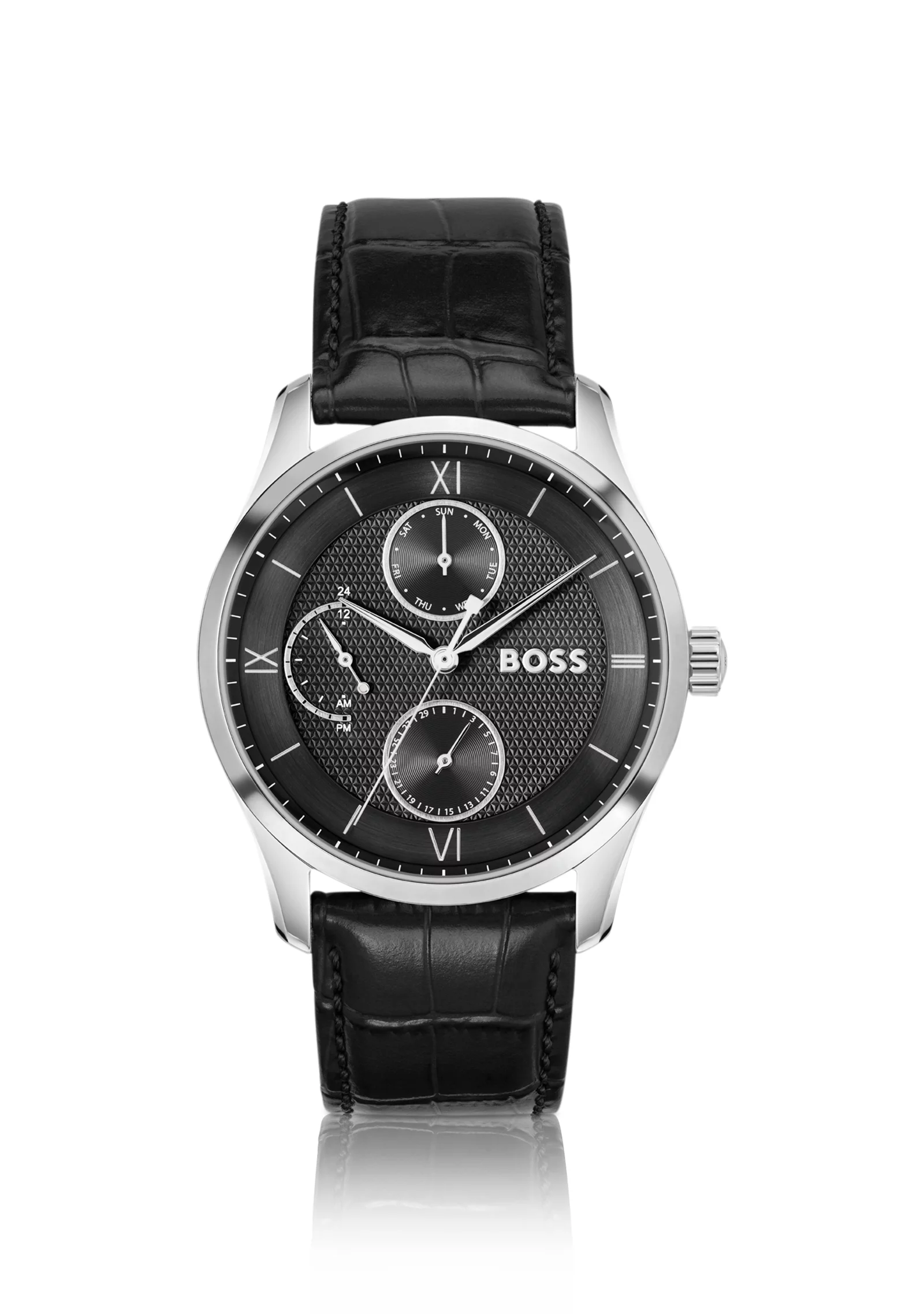 hbeu58564949_999_200 PRINCIPLE MASTER Black-textured-dial watch with leather strap - Image 1