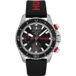 Black-dial watch with branded silicone strap