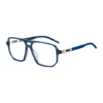 Blue-acetate optical frames with cut-out logo