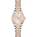 Graceful two-tone watch with pink sunburst-patterned dial
