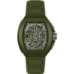 Green skeleton-dial watch with silicone strap