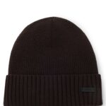 Rib-knit virgin-wool beanie with logo plaque, Dark Brown