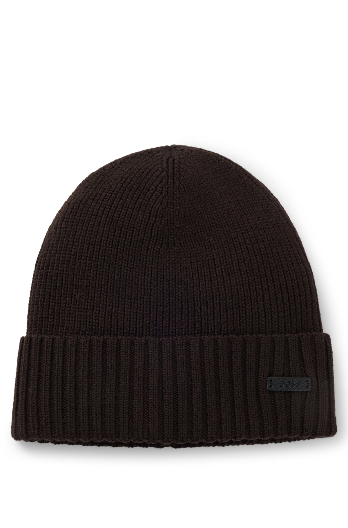 hbeu50495306_202-1 Rib-knit virgin-wool beanie with logo plaque, Dark Brown