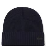 Rib-knit virgin-wool beanie with logo plaque, Dark Blue
