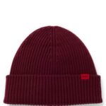 Virgin-wool beanie hat with logo label, Dark Red