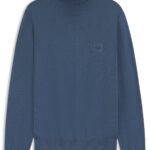 Rollneck sweater in cotton and cashmere with logo patch, Blue