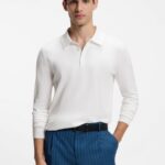 Slim-fit knit polo, Natural